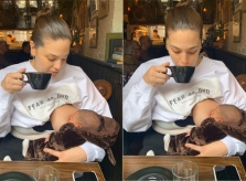 Ashley Graham vừa uống cafe vừa cho con bú