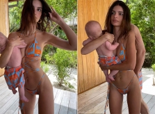 Emily Ratajkowski bị chỉ trích bế con như xách đồ