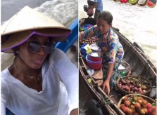 Siêu mẫu Naomi Campbell đội nón lá xuất hiện ở Cần Thơ